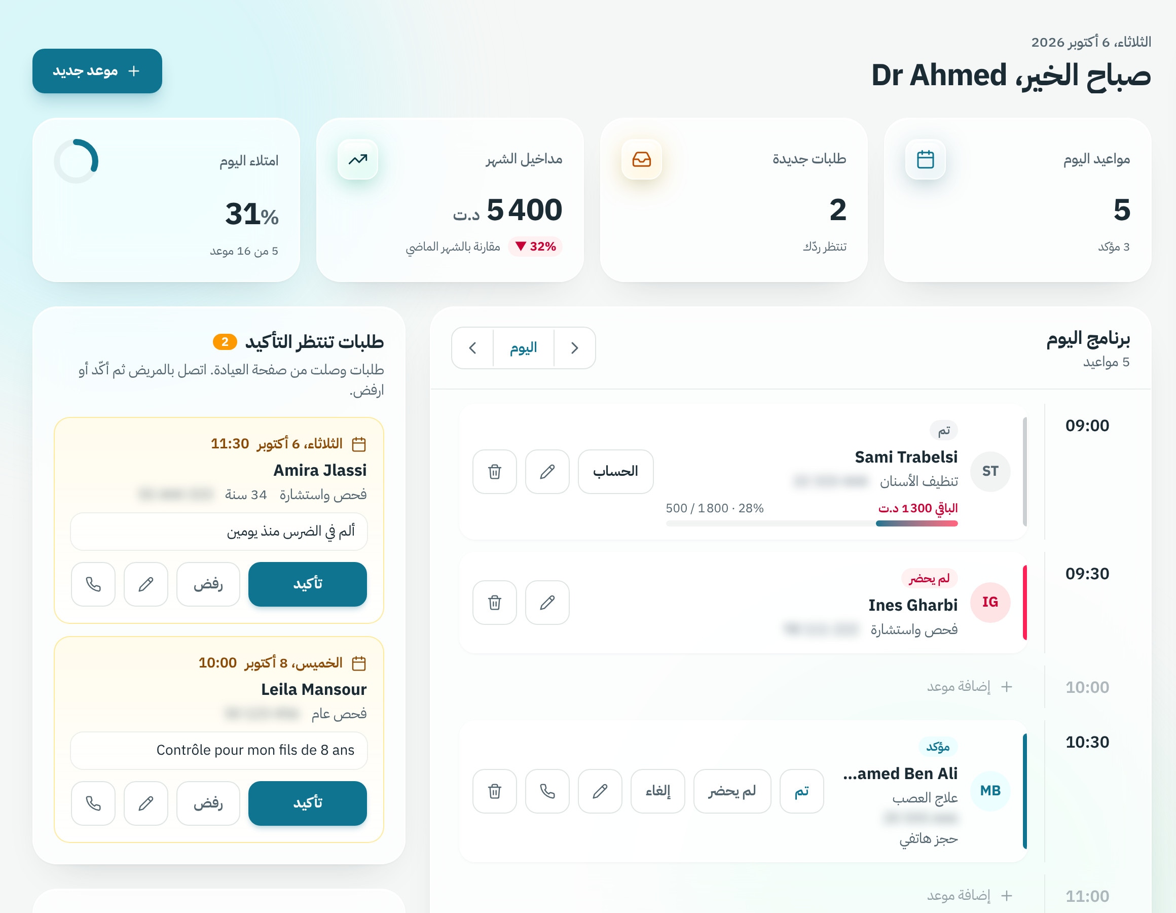 لقطة من لوحة Clinia Pro — الأجندة
