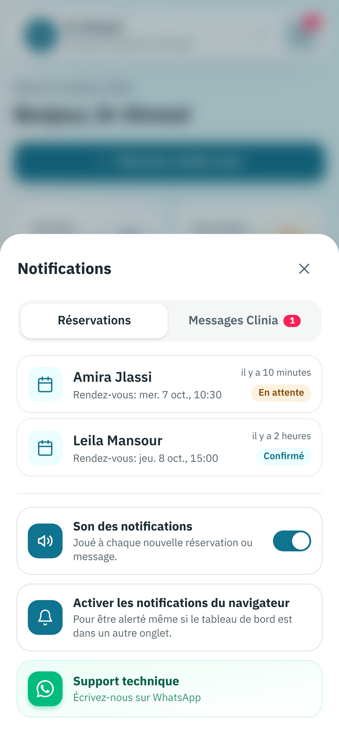 Aperçu du tableau de bord Clinia Pro — Notifications et support