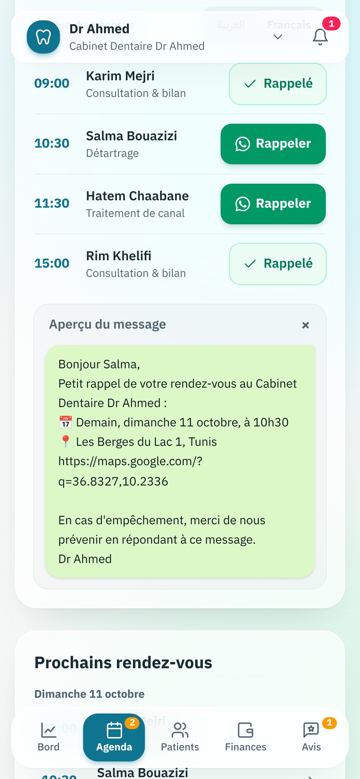 Aperçu du tableau de bord Clinia Pro — Rappels patients