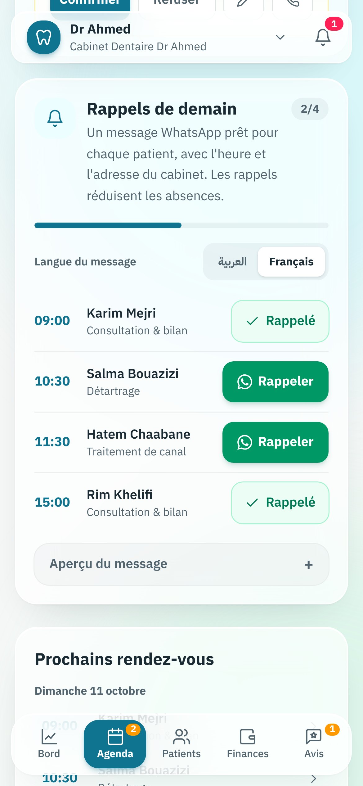 Aperçu du tableau de bord Clinia Pro — Rappels patients